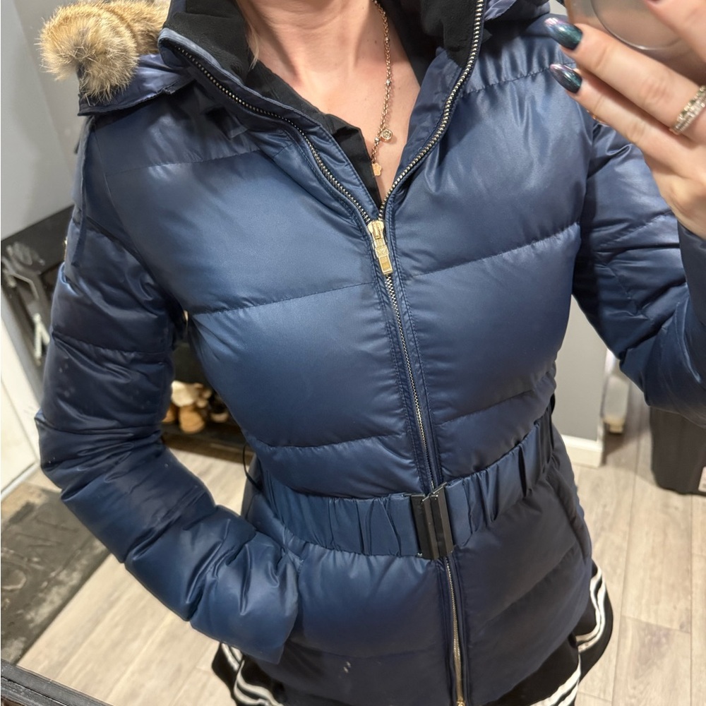 Emporio Armani Navy Puffer Jacket with Fur Trim